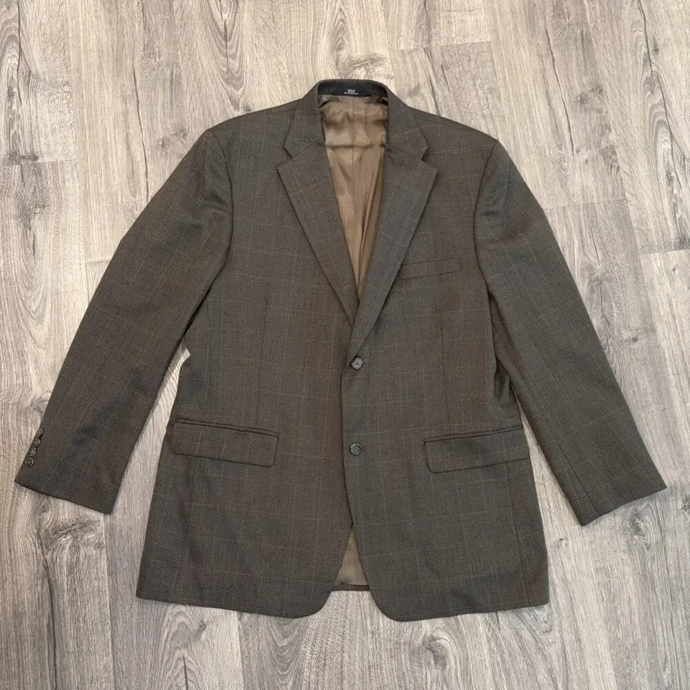 Haggar Mens Sport Coat Blazer 2 Button Brown Plaid Windowpane Jacket Size 46L